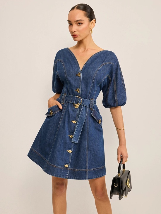 Commense Dresses & Skirts - Commense Blue Pocketed Belted Denim Mini Dress Size XS NWT